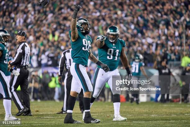 Philadelphia Eagles defensive end Derek Barnett and Philadelphia Eagles defensive tackle Fletcher Cox celebrate after a play during the NFC...