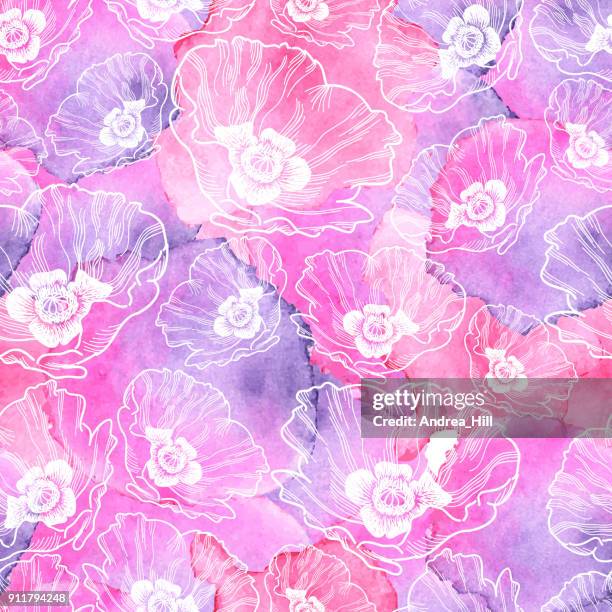 ilustrações de stock, clip art, desenhos animados e ícones de poppy seamless vector pattern - ink drawing with watercolor texture - seamless flower aquarel
