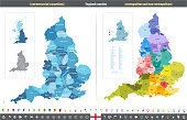 England ceremonial and metropolitan counties vector high detailed map colored by regions