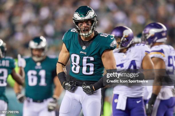 Philadelphia Eagles tight end Zach Ertz celebrates with a flex after a play during the NFC Championship Game between the Minnesota Vikings and the...