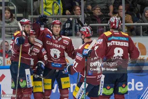 Constantin Braun of Eisbaeren Berlin, Sean Backman of Eisbaeren Berlin, James Sheppard of Eisbaeren Berlin, Blake Parlett of Eisbaeren Berlin and...