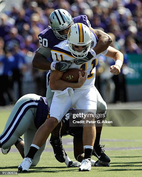 Linebacker Courtney Herndon of the Kansas State Wildcats sacks quarterback Lee Sweeney of the Tennessee Tech Golden Eagles during the second quarter...