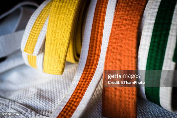 variety of karate belts in different colors - grüner gürtel sport stock-fotos und bilder