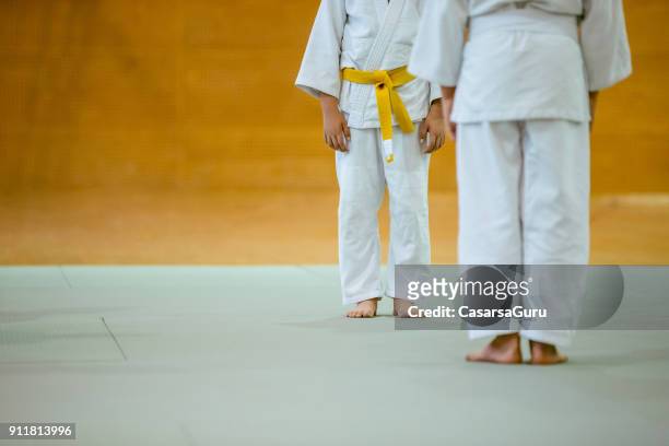 two boys during judo practicing - judo kids stock pictures, royalty-free photos & images