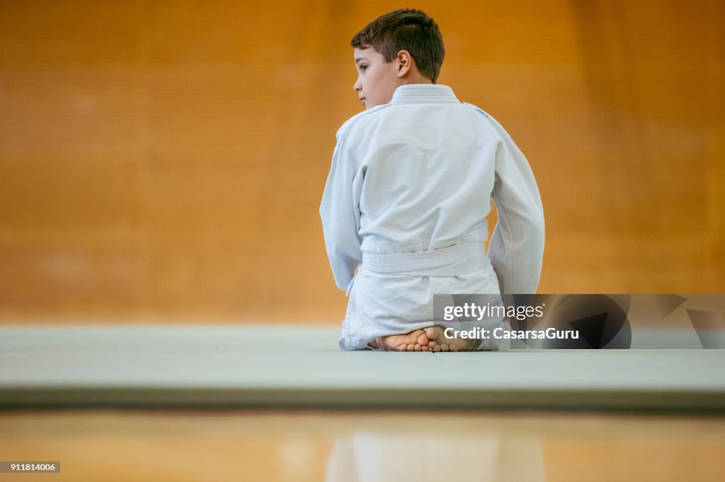 Rear View Of Young Judoist Kneeling