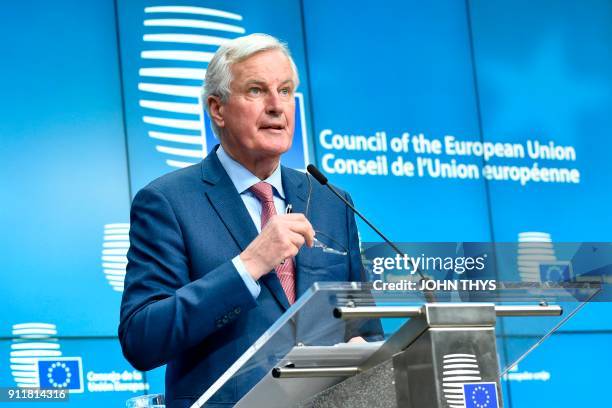 European Union Chief Negotiator in charge of Brexit negotiations, Michel Barnier gives a press after a General affairs council debate on the article...