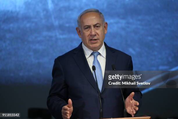 Israeli Prime Minister Benjamin Netanyahu speaks during a meeting at Moscow's Jewish Center on January 29, 2018 in Moscow, Russia. Vladimir Putin...
