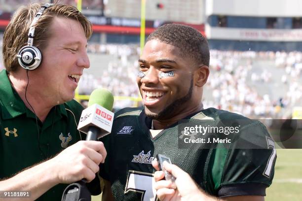 Quarterback B.J. Daniels of the South Florida Bulls is interviewed after the Bulls victory over the Florida State Seminoles at Doak Campbell Stadium...