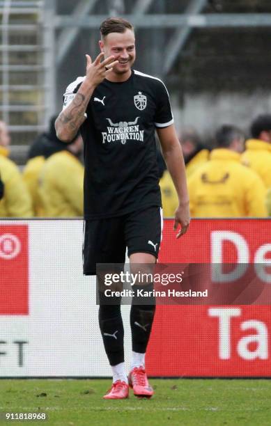 Timmy Thiele of Jena looks happy during the 3.Liga match between FC Carl Zeiss Jena and Hallescher FC at Ernst Abbe Sportfeld on January 28, 2018 in...