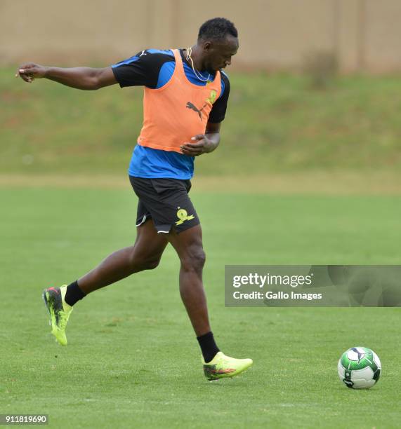 Usain Bolt with Sundowns players during the Usain Bolt Visit to Mamelodi Sundowns Training Session at Chloorkop on January 29, 2018 in Pretoria,...