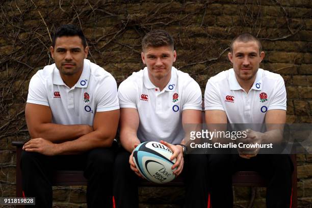 England's Mike Brown, Owen Farrell and Ben Te'o during Dove Men+Care England Rugby Player Appearance at Pennyhill Park on January 29, 2018 in...