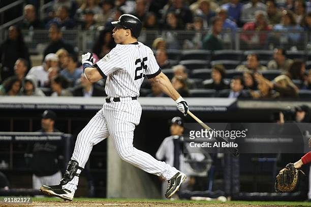 Mark Teixeira of The New York Yankees hits the ball against The Boston Red Sox during their game on September 25, 2009 at Yankee Stadium in the Bronx...