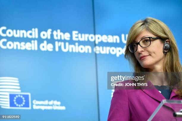 Bulgaria's Foreign Minister, Ekaterina Zakharieva takes part in a joint press conference of European Union Chief Negotiator in charge of Brexit...