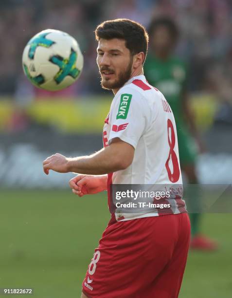 Milos Jojic of Koeln looks on the ball during the Bundesliga match between 1 FC Koeln and FC Augsburg at RheinEnergieStadion on January 27, 2018 in...