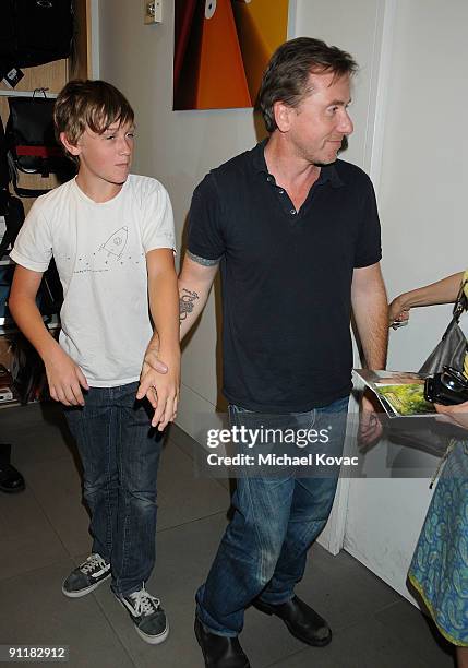 Actor Tim Roth and his son attend the "Lie To Me" Q&A Panel at the Apple Store Third Street Promenade on September 26, 2009 in Santa Monica,...