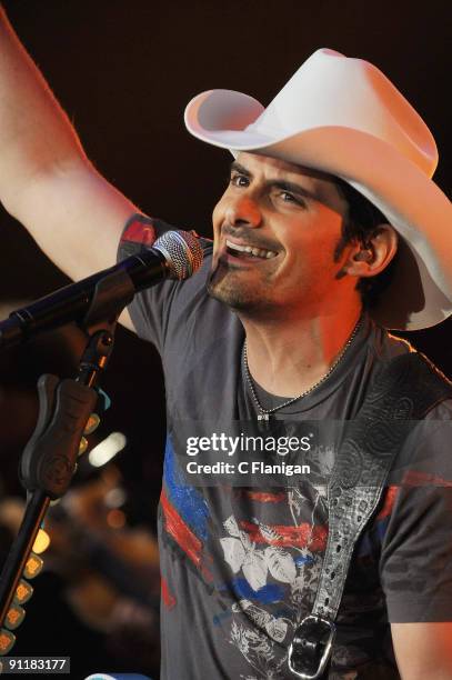 Country Music Superstar Guitarist and Vocalist Brad Paisley performs at Shoreline Amphitheatre on September 25, 2009 in Mountain View, California.