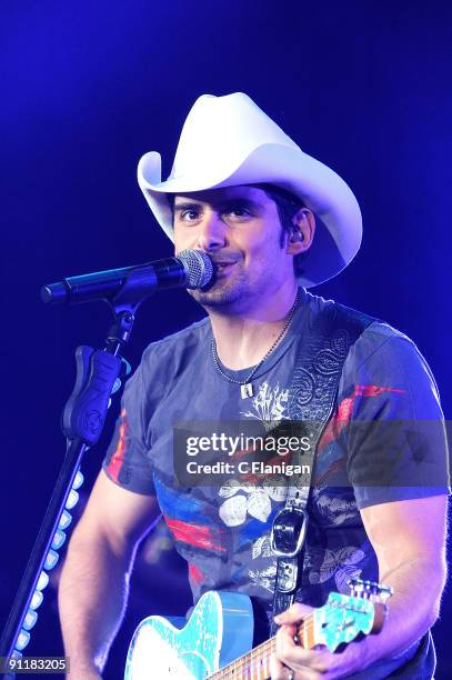 Country Music Superstar Guitarist and Vocalist Brad Paisley performs at Shoreline Amphitheatre on September 25, 2009 in Mountain View, California.