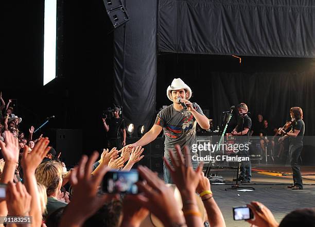Country Music Superstar Guitarist and Vocalist Brad Paisley performs at Shoreline Amphitheatre on September 25, 2009 in Mountain View, California.