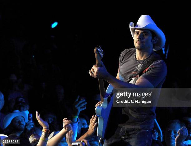 Country Music Superstar Guitarist and Vocalist Brad Paisley performs at Shoreline Amphitheatre on September 25, 2009 in Mountain View, California.