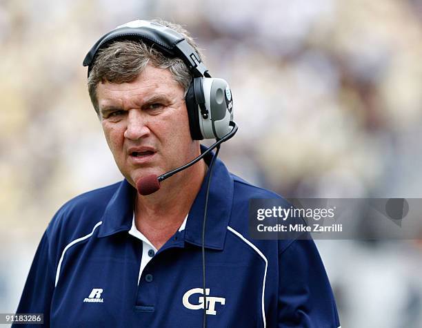 Head coach Paul Johnson of the Georgia Tech Yellow Jackets watches the action on the sidelines during the game against the North Carolina Tar Heels...