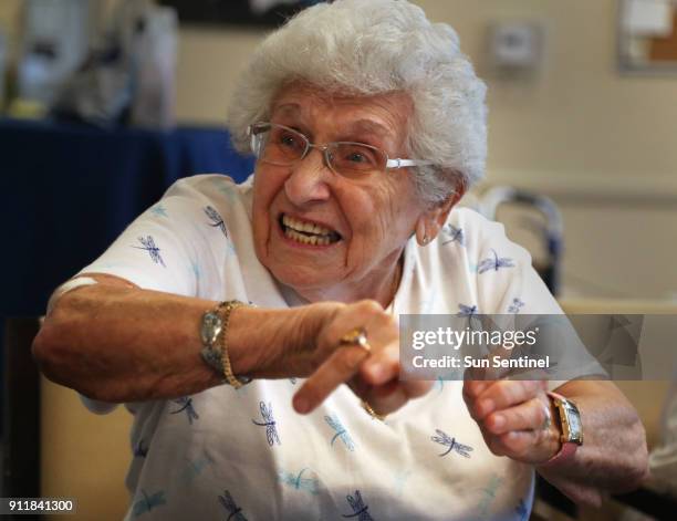 Delray Beach resident Frieda Justen who was born in Poland, speaks in Yiddish during the Yiddish conversation club at the Weisman Community Center in...