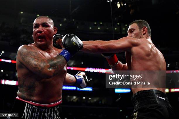 Vitali Klitschko of Ukraine lands a left jab to the face of Chris Arreloa during their WBC World Championship Heavyweight at the Staples Center on...