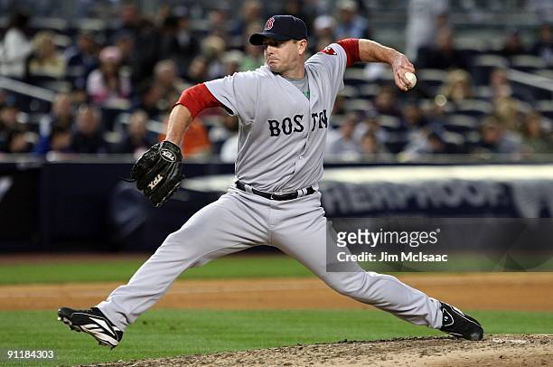 Billy Wagner of the Boston Red Sox throws a pitch against the New York Yankees on September 26, 2009 at Yankee Stadium in the Bronx borough of New...