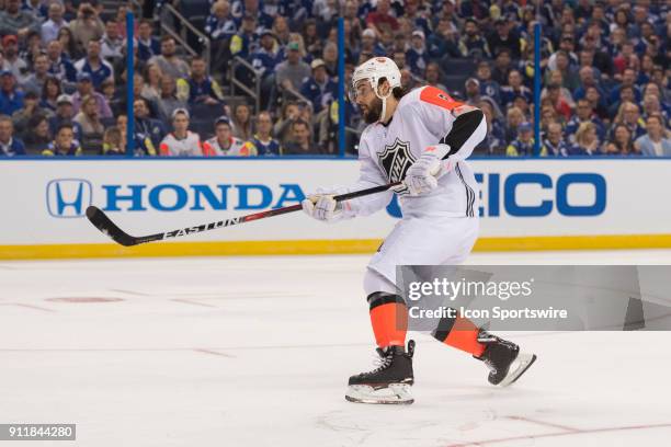 Pacific Division defender Drew Doughty scores a goal during the first game of the NHL All-Star Game between the Pacific and Central Divisions on...