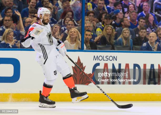 Pacific Division defender Drew Doughty celebrates his goal during the first game of the NHL All-Star Game between the Pacific and Central Divisions...
