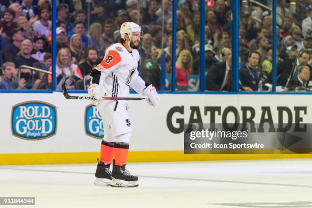 Pacific Division defender Drew Doughty after his goal during the first game of the NHL All-Star Game between the Pacific and Central Divisions on...