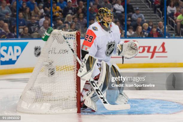 Pacific Division goalie Marc-Andre Fleury during the first game of the NHL All-Star Game between the Pacific and Central Divisions on January 28 at...