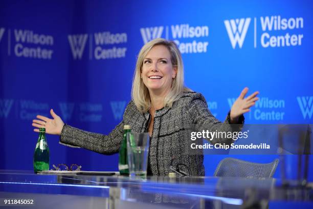 Homeland Security Secretary Kirstjen Nielsen participates in a discussion about the prevention of terrorist attacks at the Woodrow Wilson Center in...