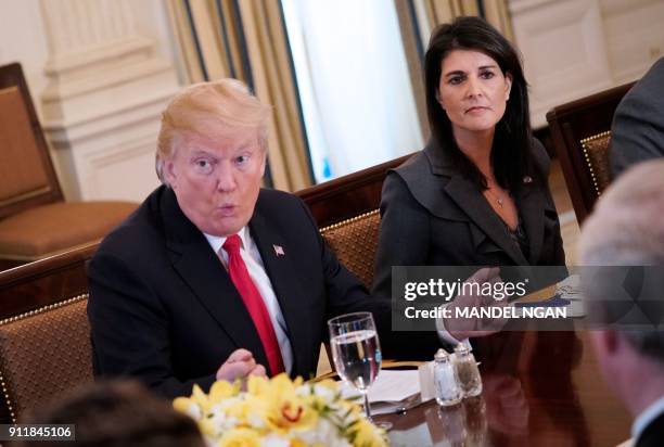 President Donald Trump speaks, watched by US Ambassador to the UN Nikki Haley, during lunch with members of the United Nations Security Council in...