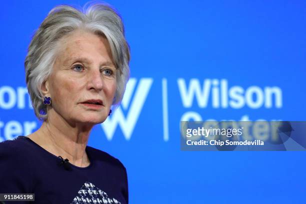 Woodrow Wilson Center President and CEO Jane Harman hosts a discussion with U.S. Homeland Security Secretary Kirstjen at the center in the Ronald...