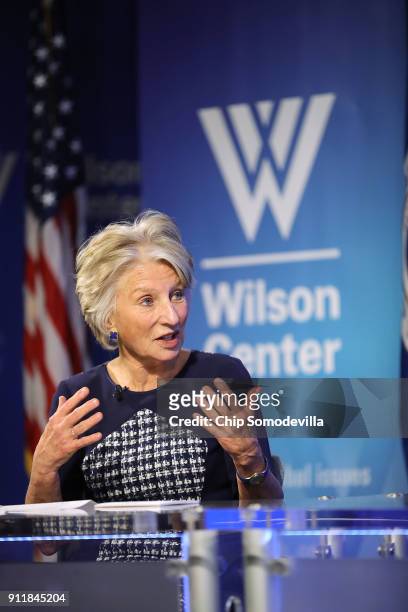 Woodrow Wilson Center President and CEO Jane Harman hosts a discussion with U.S. Homeland Security Secretary Kirstjen at the center in the Ronald...
