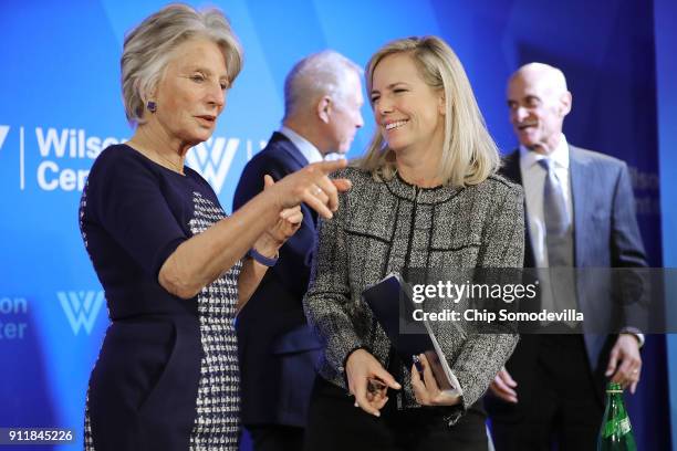 Homeland Security Secretary Kirstjen Nielsen visits with Woodrow Wilson Center President and CEO Jane Harman following a discussion at the center in...