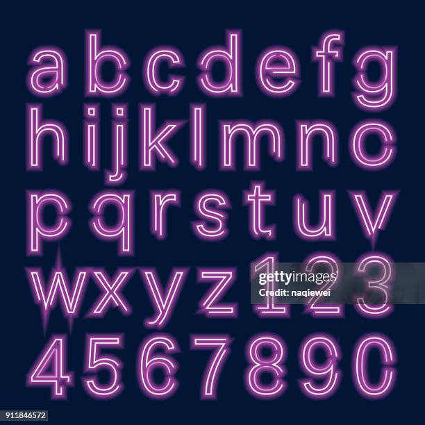 purple neon alphabet letters and numbers - alphabet neon stock illustrations