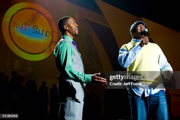 Donald Lawrence and Jason Nelson perform onstage at the Verizon Wireless 'How Sweet the Sound' National Gospel Competition at the Wachovia Center on...