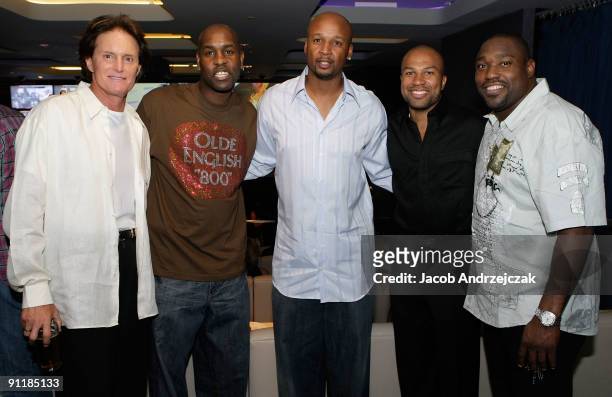 Bruce Jenner, basketball player Craig Smith, basketball player Gary Payton, basketball player Derek Fisher and football player Warren Sapp pose at...