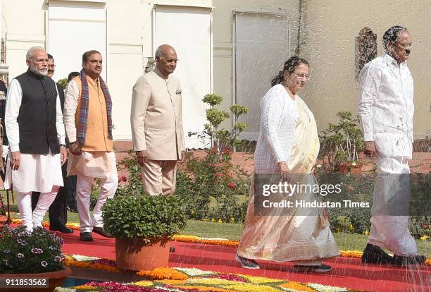 Lok Sabha Speaker Sumitra Mahajan, President of India Ram Nath Kovind and Prime Minister Narendra Modi, Vice-President of India Venkaiah Naidu, Union...