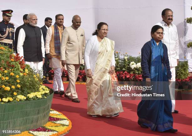 Lok Sabha Speaker Sumitra Mahajan, President of India Ram Nath Kovind and Prime Minister Narendra Modi, Vice-President of India Venkaiah Naidu, Union...