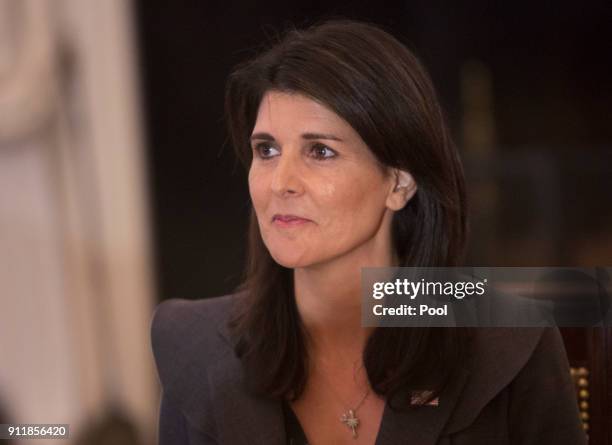 Ambassador to the United Nations Nikki Haley listens during a lunch with the United Nations Security Council on January 29, 2018 at The White House...