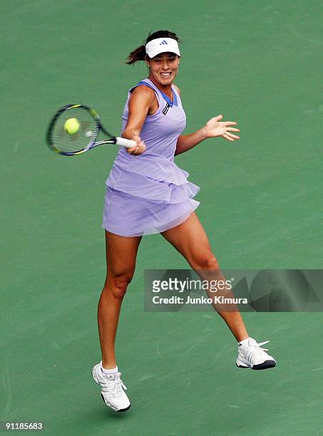 Ana Ivanovic of Serbia plays a forehand in her match against Lucie Safarova of Czech Republic during day one of the Toray Pan Pacific Open Tennis...