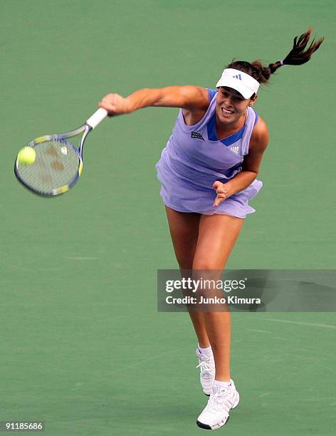 Ana Ivanovic of Serbia serves in her match against Lucie Safarova of Czech Republic during day one of the Toray Pan Pacific Open Tennis tournament at...