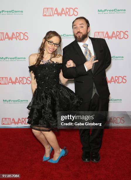 Adult film actress Norah Nova and Oliver Star joke around during the 2018 Adult Video News Awards at the Hard Rock Hotel & Casino on January 27, 2018...