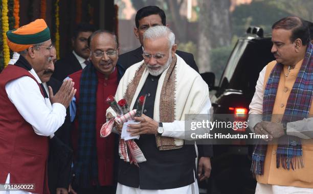 Prime Minister Narendra Modi welcomed by Union Parliamentary Affairs Minister Ananth Kumar , Minister of State Arjun Ram Meghwal and Vijay Goel as he...