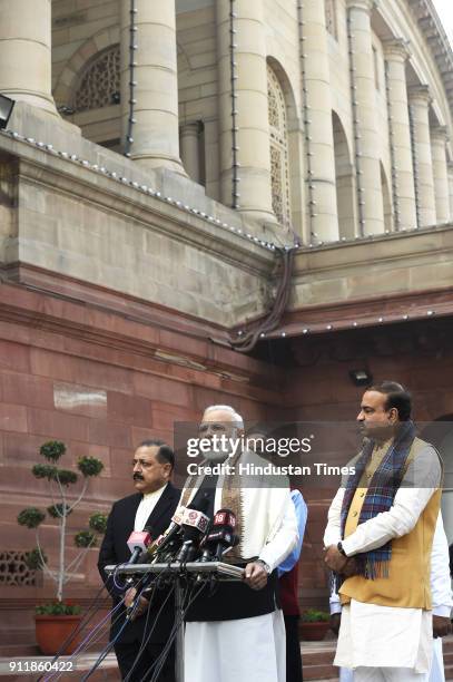 Prime Minister Narendra Modi with parliamentary affairs minister Ananth Kumar, minister of state Jitendra Singh addressing the media on the first day...