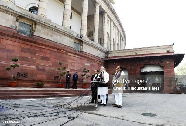 Prime Minister Narendra Modi with parliamentary affairs minister Ananth Kumar, minister of state Jitendra Singh addressing the media on the first day...