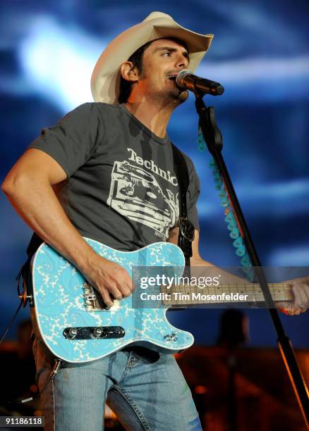 Brad Paisley performs part of his American Saturday Night Tour at Sleep Train Amphitheatre on September 26, 2009 in Wheatland, California.