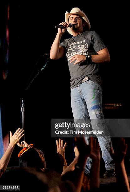 Brad Paisley performs part of his American Saturday Night Tour at Sleep Train Amphitheatre on September 26, 2009 in Wheatland, California.